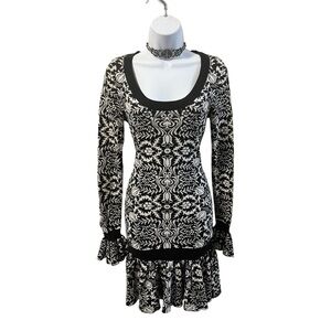 Betsey Johnson Black White Geometric Knit Sweater Dress Ruffle Bell Sleeve M